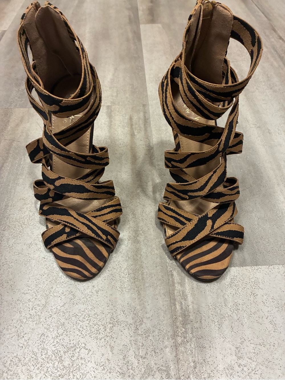 Nicole Miller Tiger-Print Strappy High Heels — Brown/Black - Picture 2 of 7